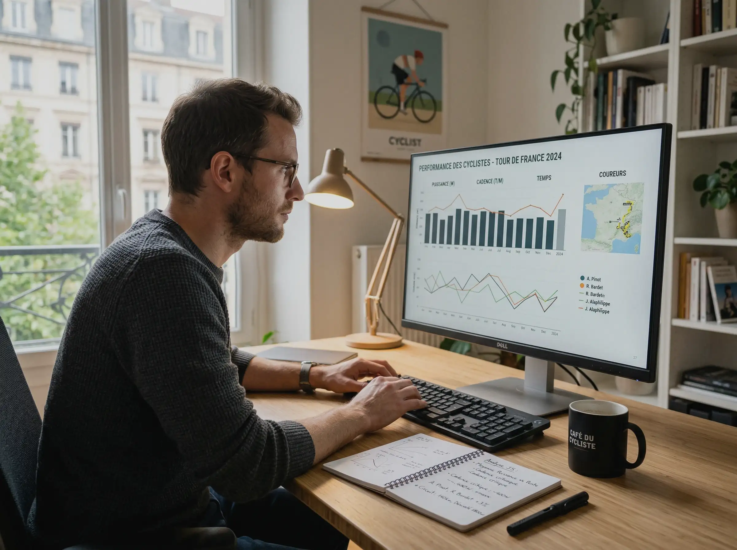 Analyste étudiant les statistiques de cyclisme sur écran d'ordinateur avec notes manuscrites