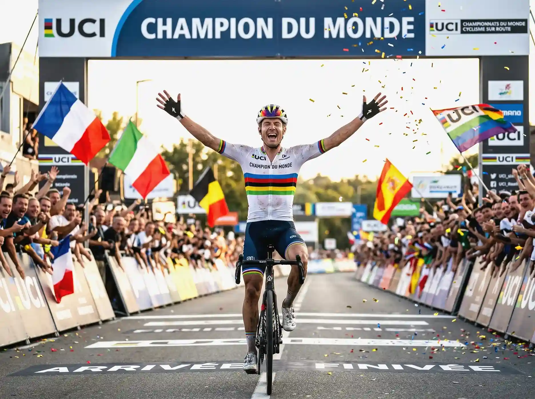 Cycliste franchissant la ligne d'arrivée victorieux aux Championnats du monde avec les bras levés et le public en fête