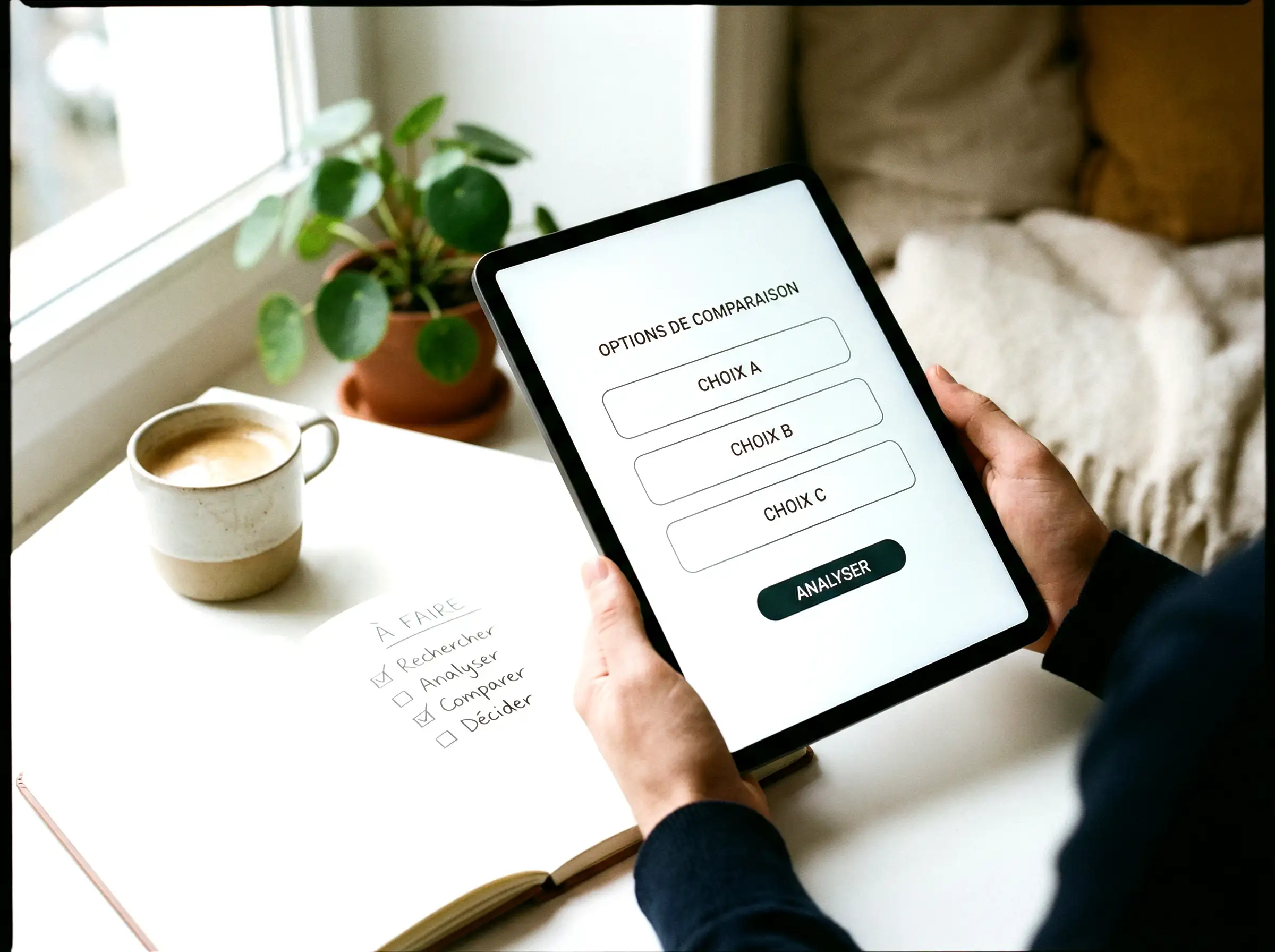 Personne comparant différentes options sur une tablette dans un bureau moderne avec carnet de notes