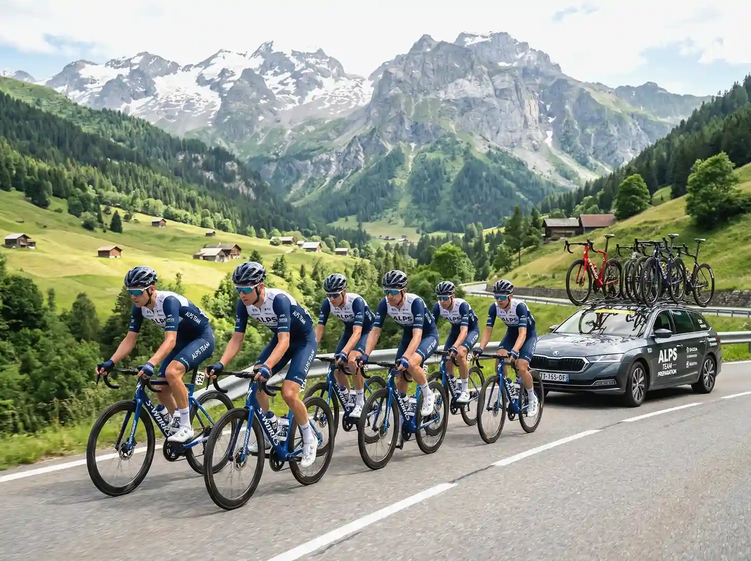 Équipe cycliste professionnelle descendant un col alpin lors du Critérium du Dauphiné en formation aérodynamique