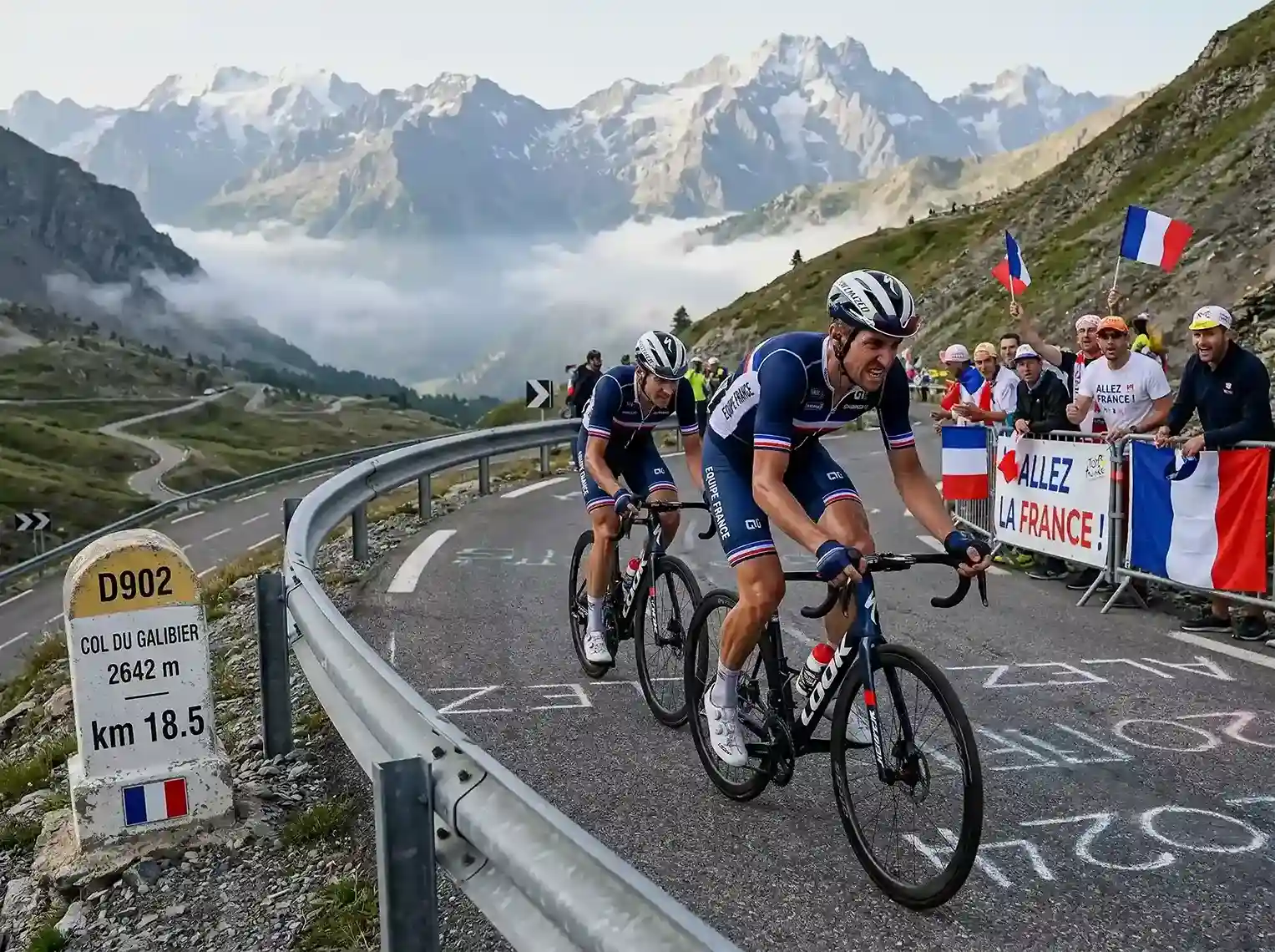 Cyclistes professionnels gravissant un col alpin lors d'une étape de montagne avec les fans français au bord de la route