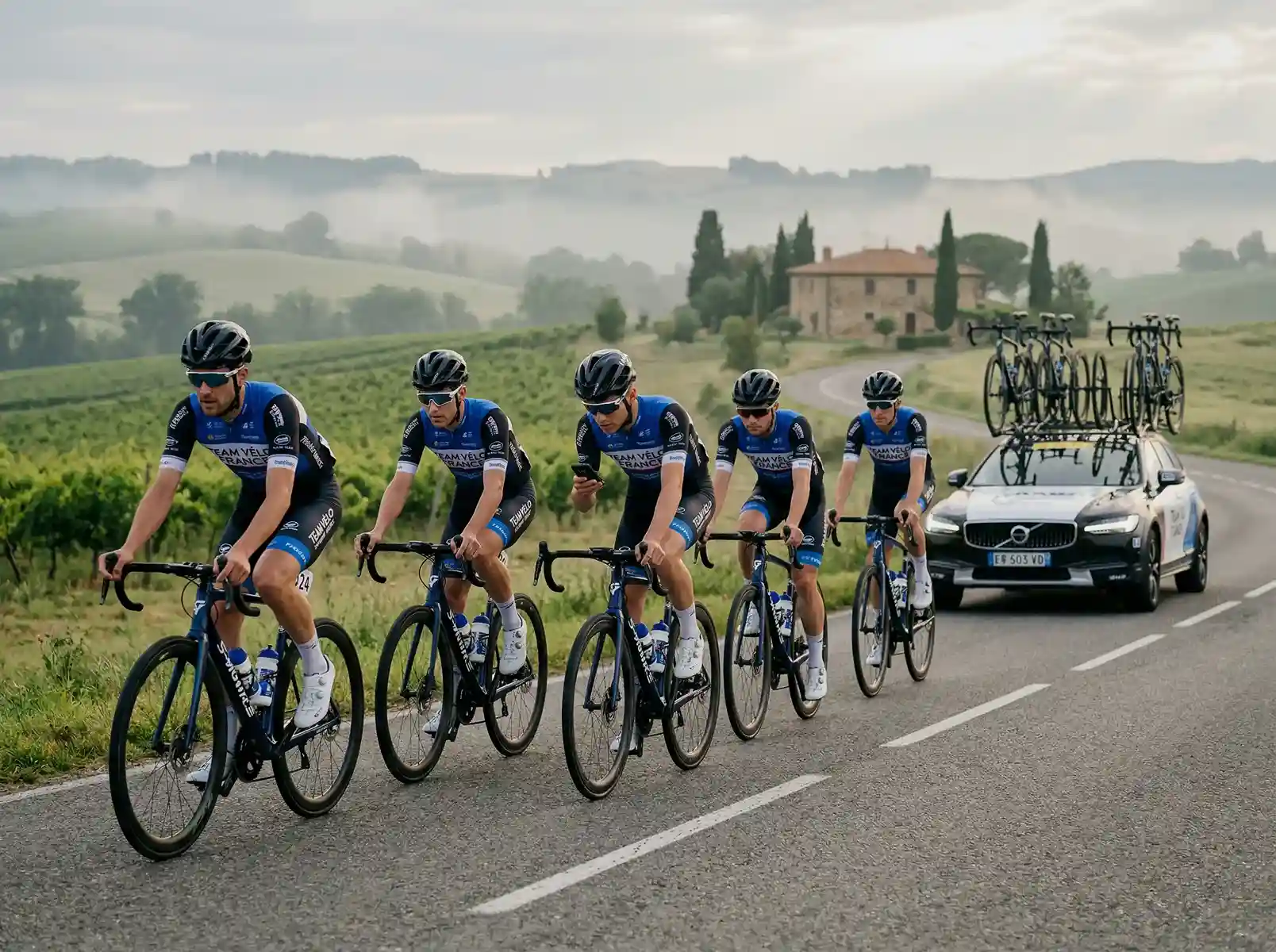 Équipe cycliste professionnelle lors d'un entraînement collectif sur les routes de campagne française