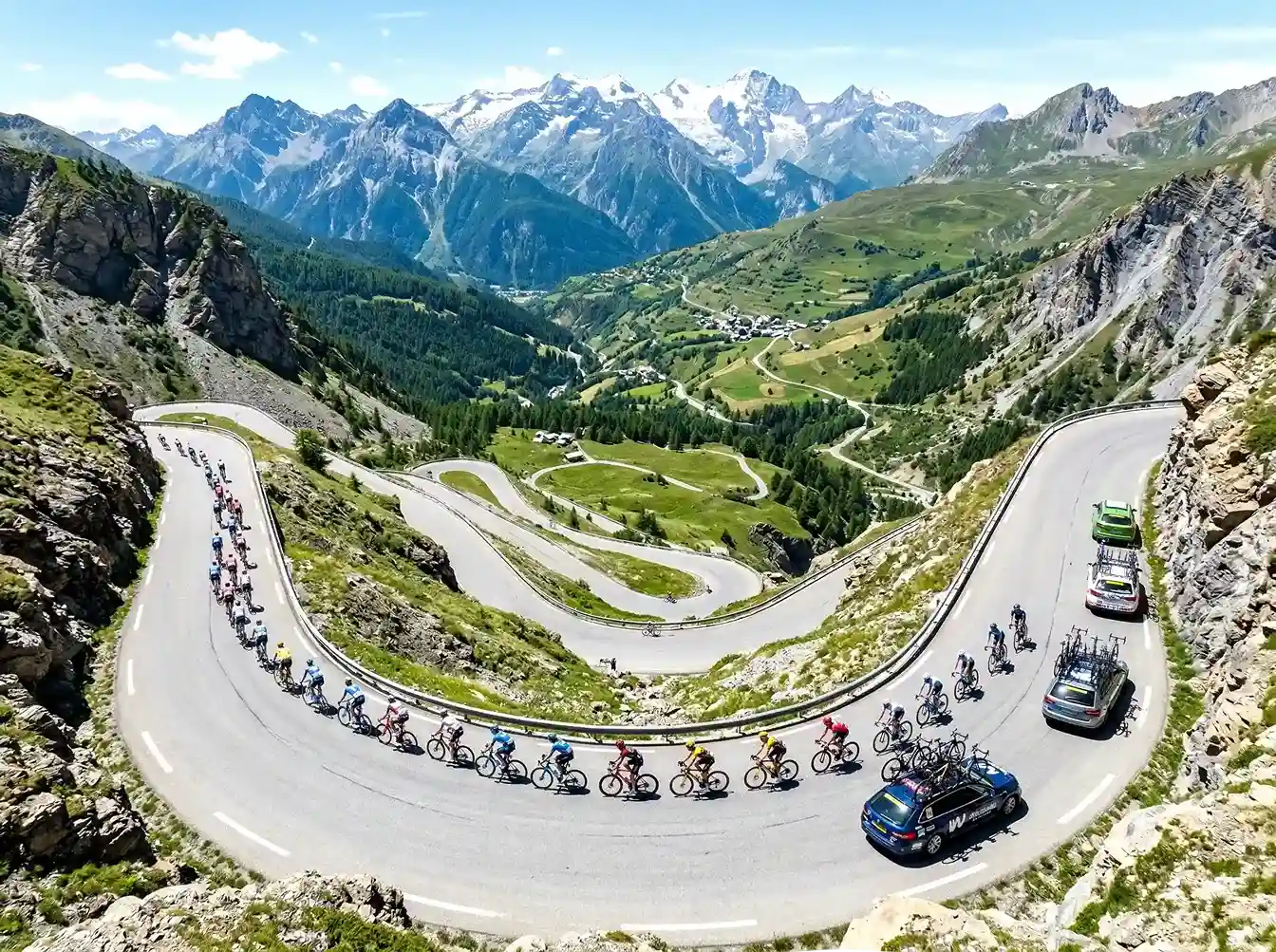 Vue aérienne spectaculaire du peloton sur un col de montagne avec virages en épingle à cheveux dans les Alpes françaises