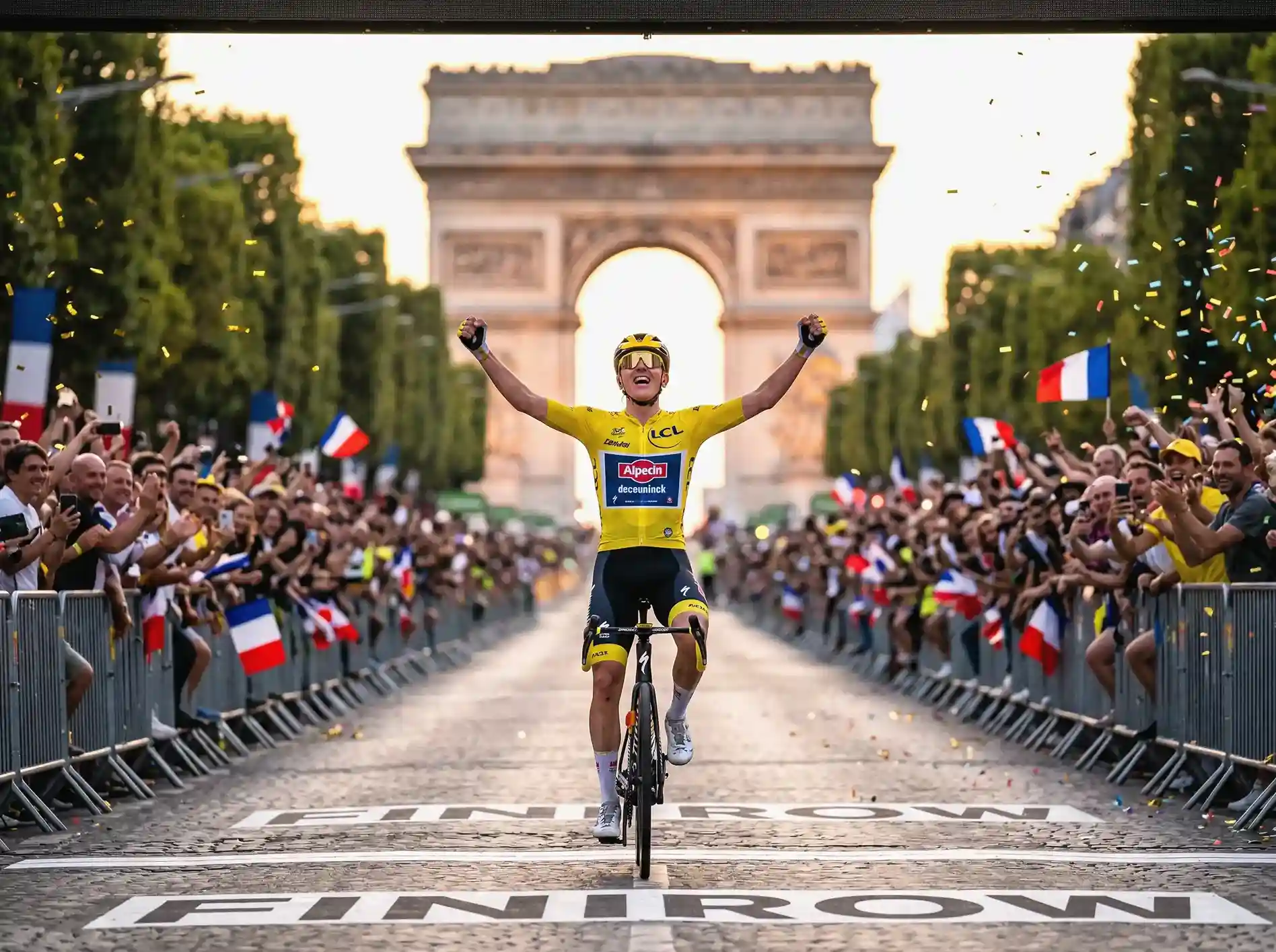 Cycliste en maillot jaune célébrant sa victoire sur les Champs-Élysées avec l'Arc de Triomphe en arrière-plan