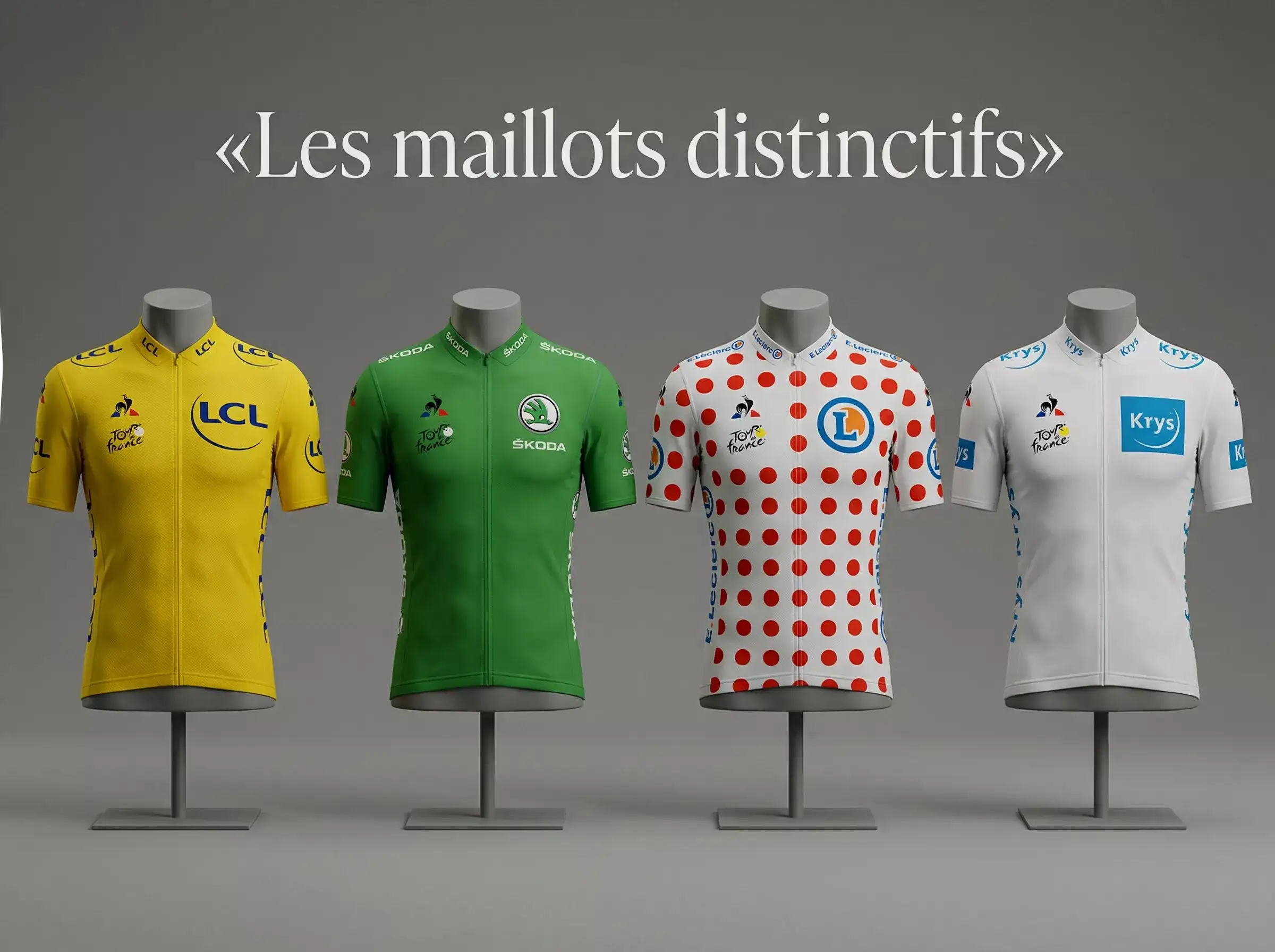 Les quatre maillots distinctifs du Tour de France : jaune, vert, à pois et blanc exposés côte à côte