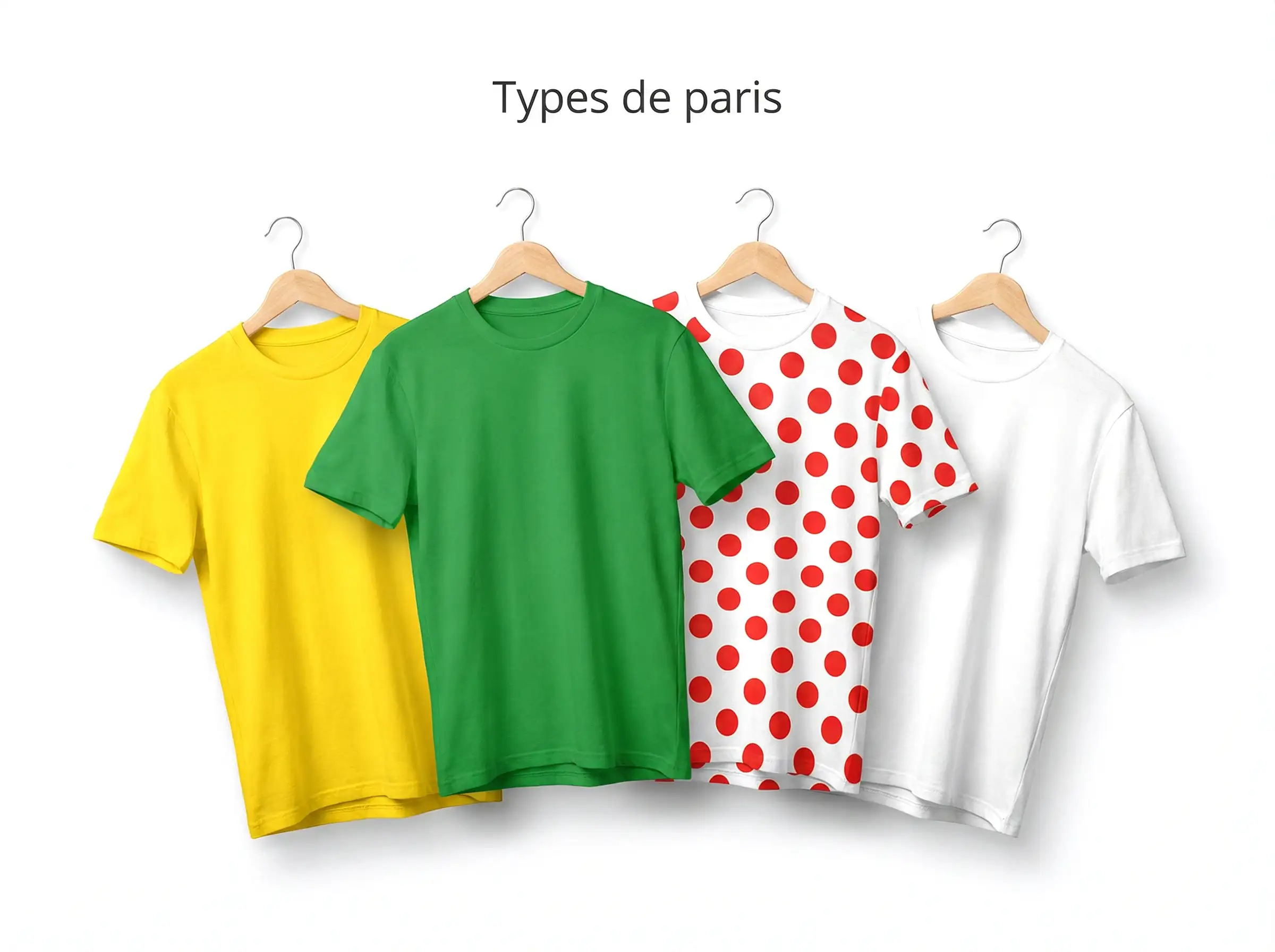 Les quatre maillots distinctifs du Tour de France : jaune, vert, à pois et blanc représentant les différents classements