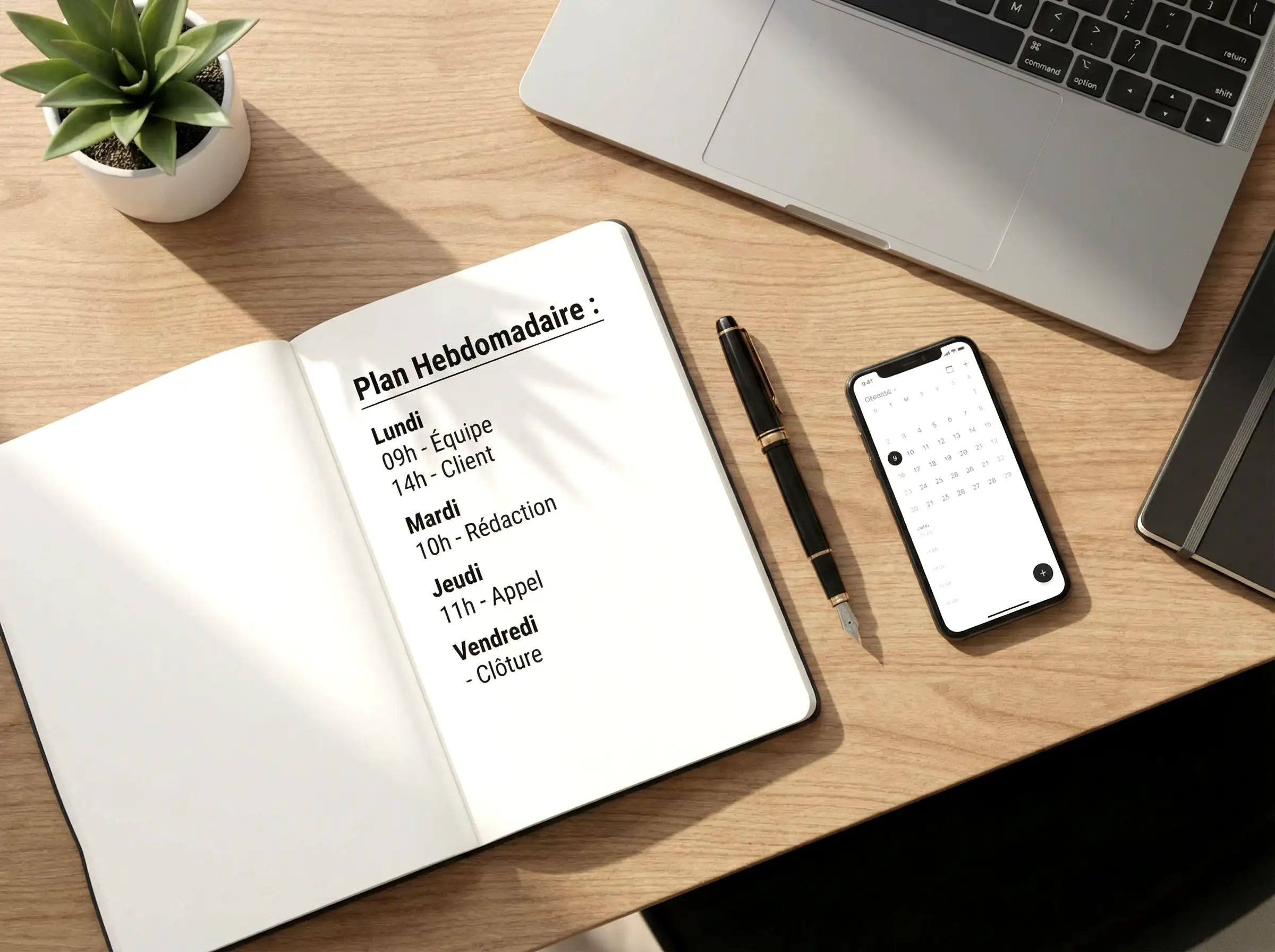 Espace de travail organisé avec carnet de planning et calendrier des événements cyclistes