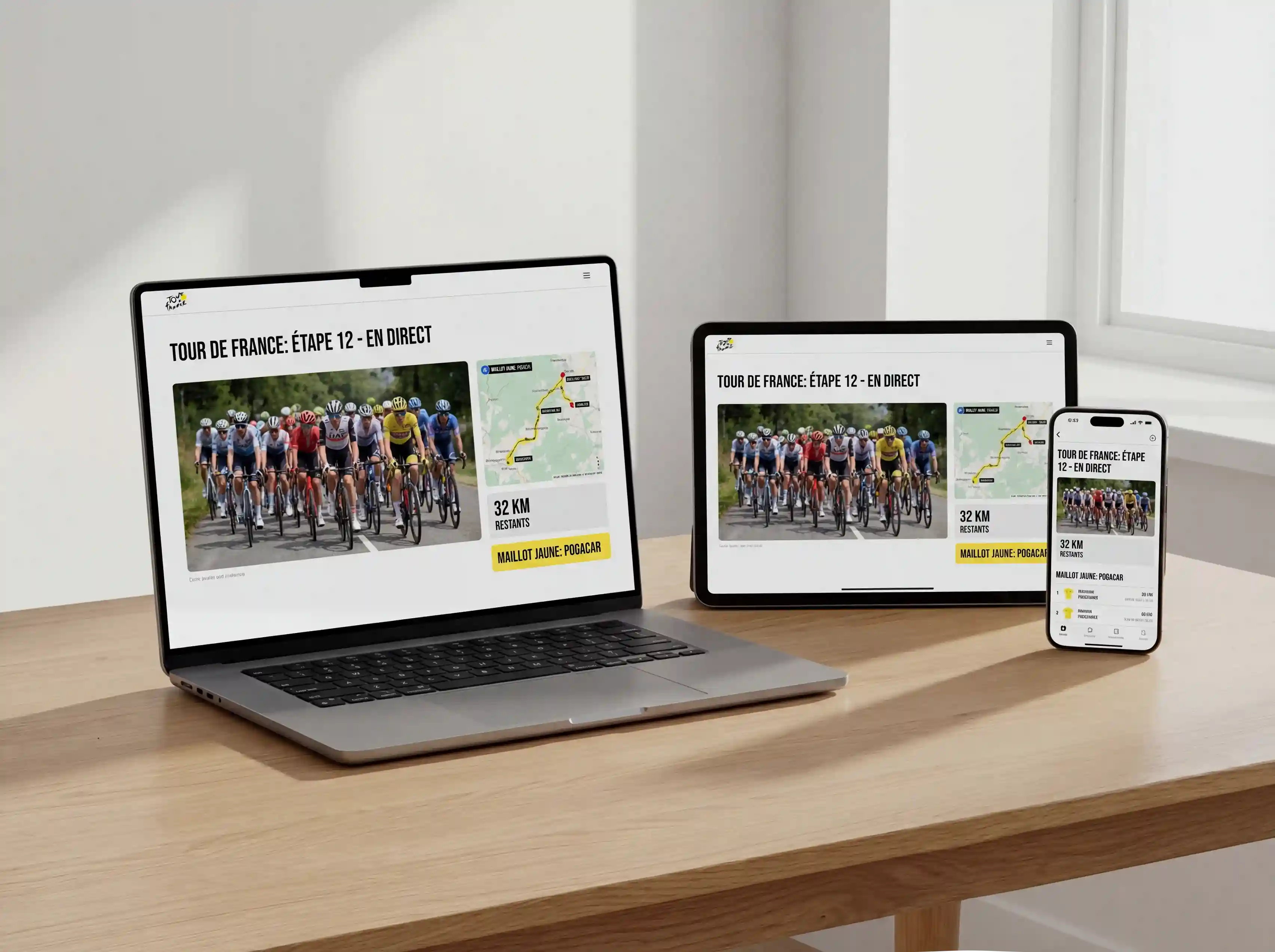 Ordinateur portable, tablette et smartphone affichant du contenu cycliste sur un bureau moderne en marbre blanc