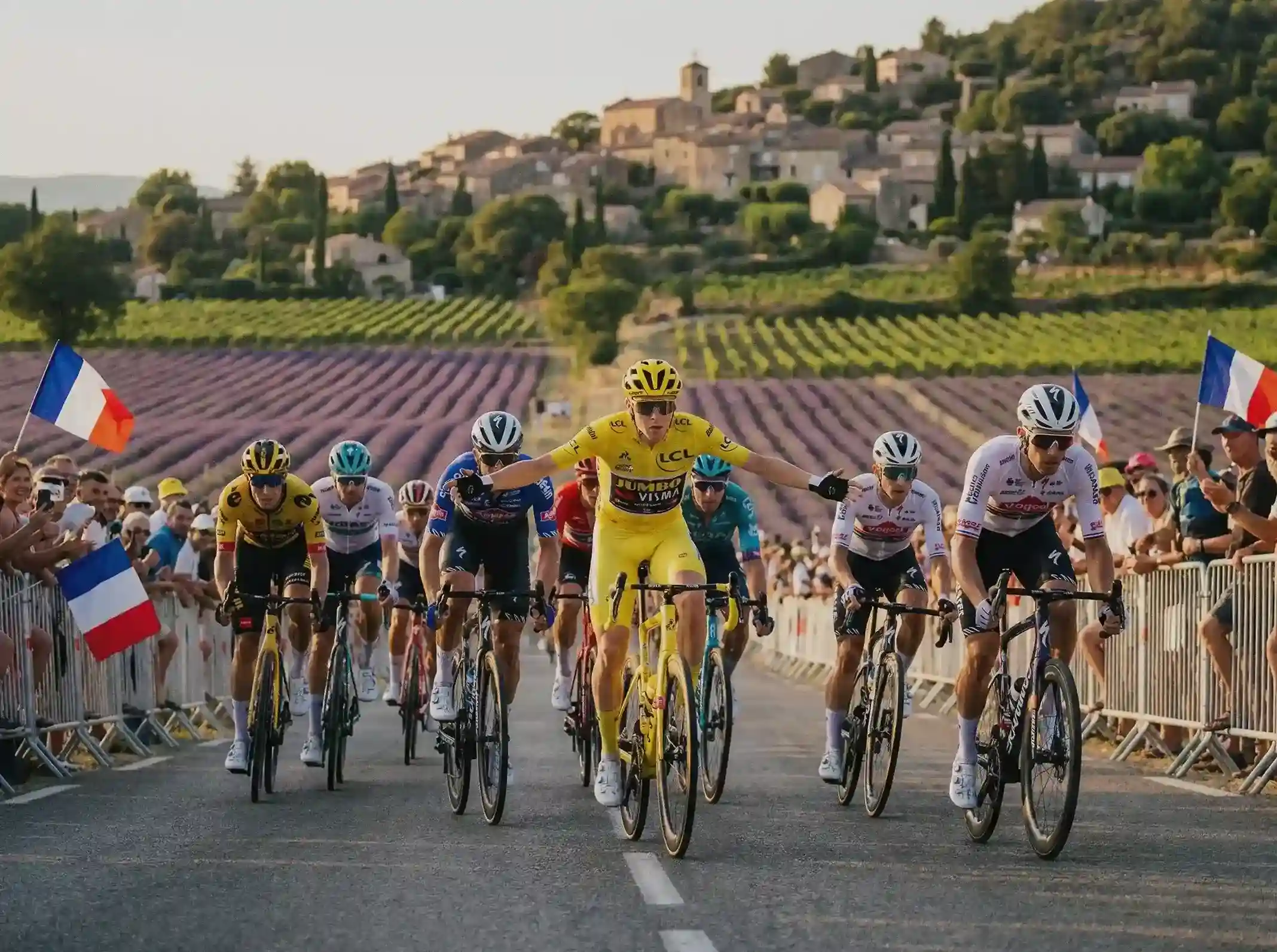 Peloton de cyclistes professionnels traversant la campagne française pendant le Tour de France avec le maillot jaune en tête