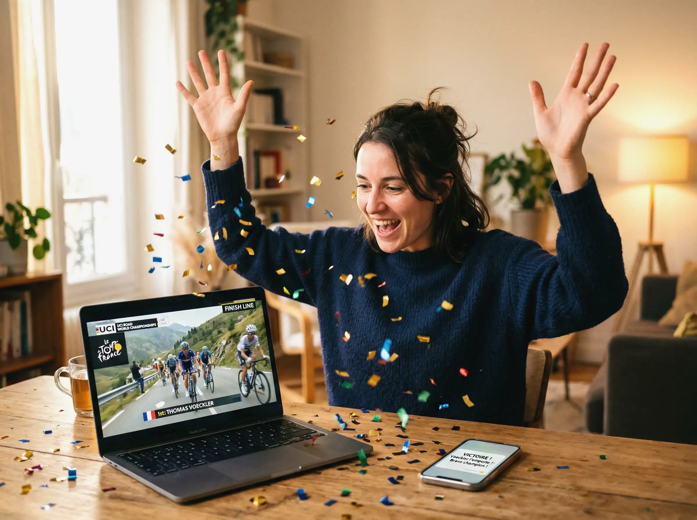 Mains levées en geste de victoire devant un écran d'ordinateur montrant une course cycliste avec confettis