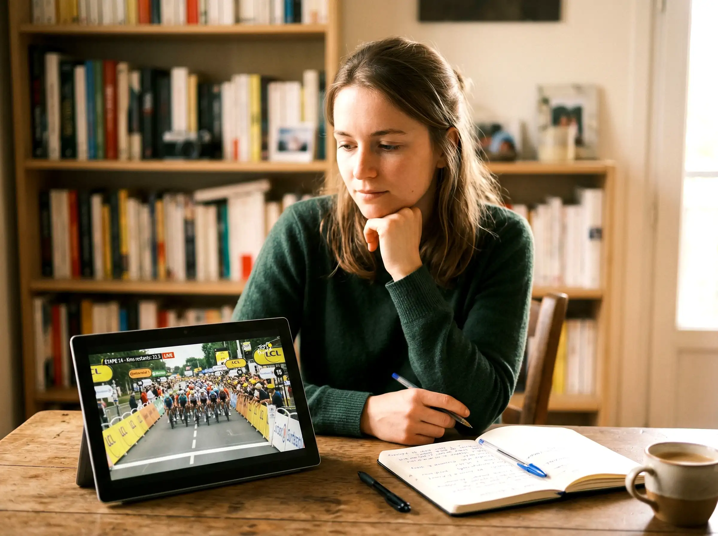 Personne réfléchissant calmement avant de prendre une décision de pari avec tablette affichant une course cycliste