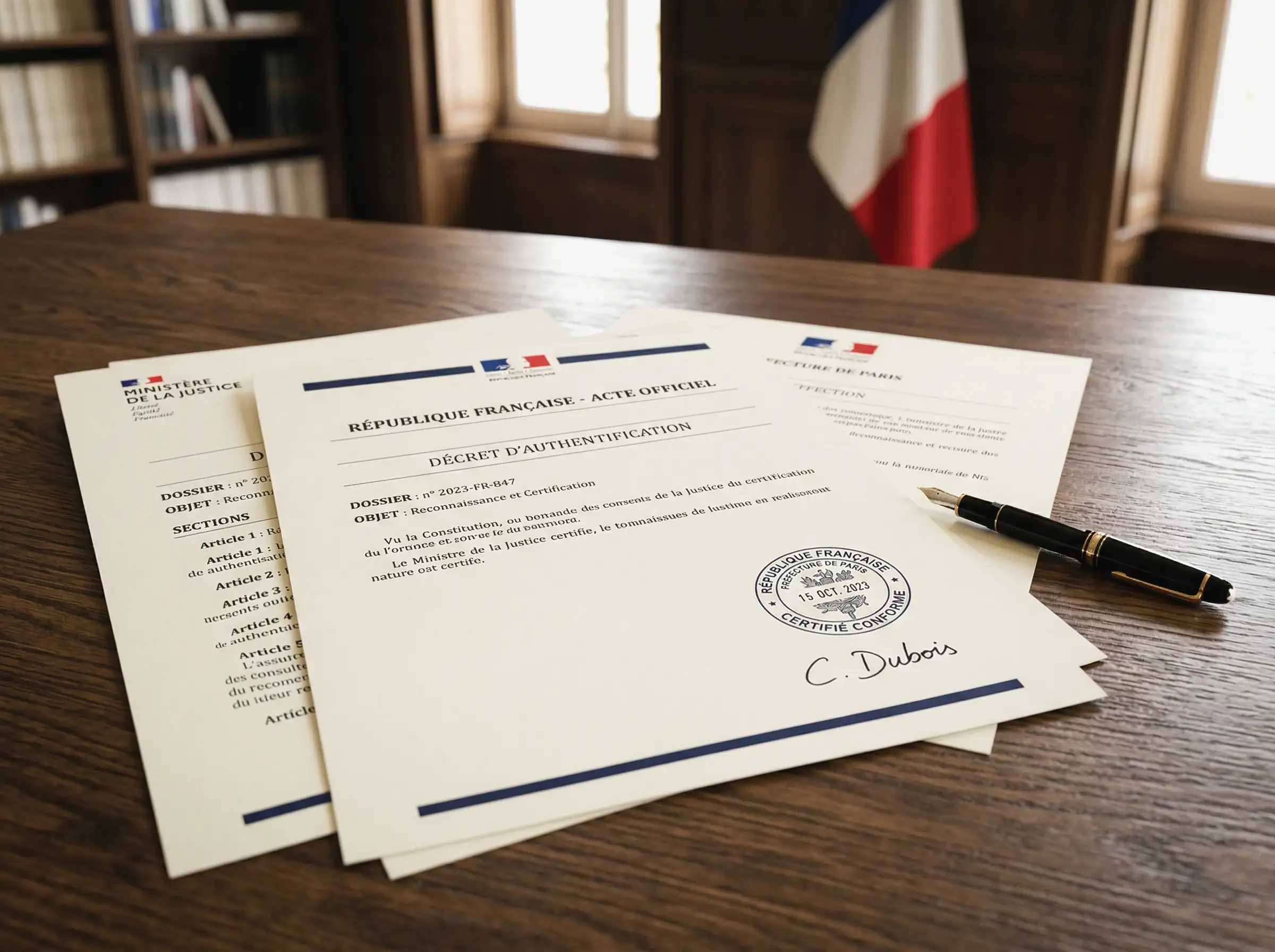 Documents officiels de réglementation française sur un bureau professionnel avec sceau d'approbation