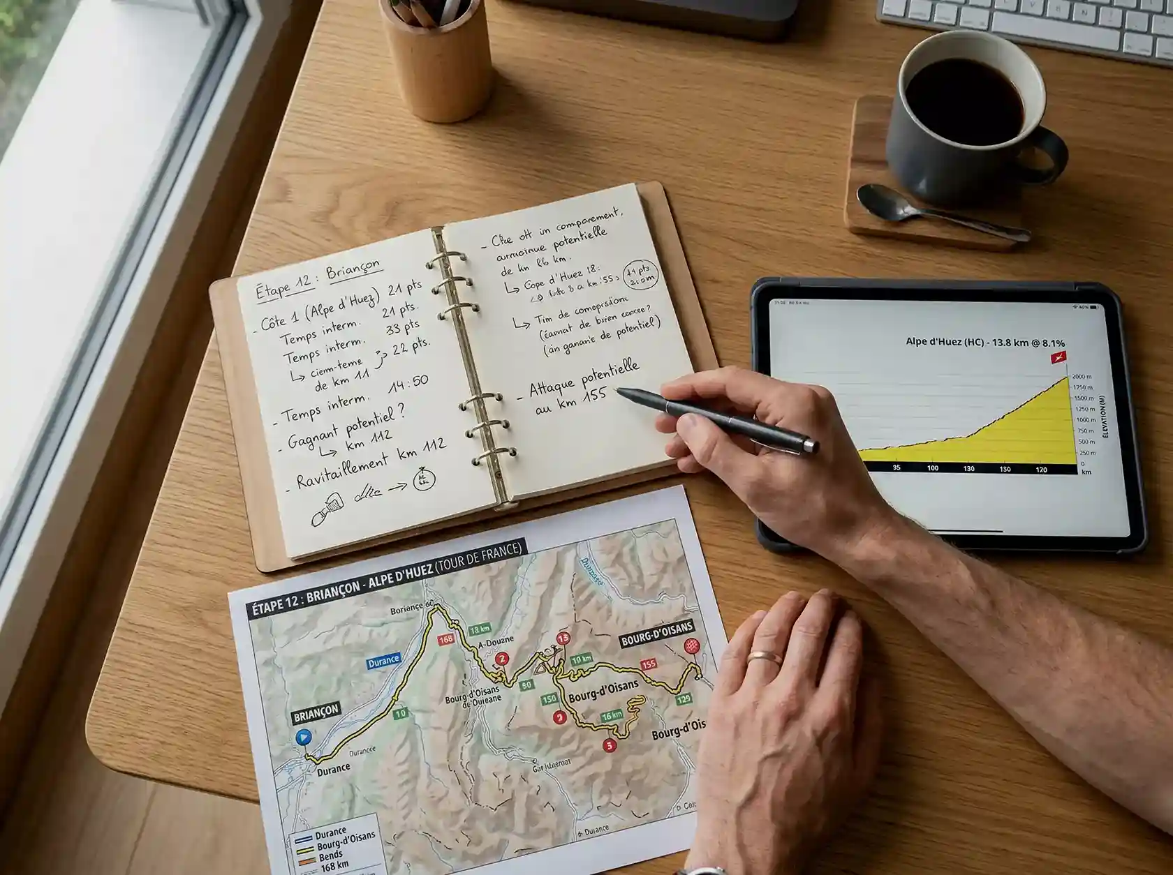 Mains travaillant sur une analyse de course cycliste avec carnet de notes et profil d'étape de montagne sur tablette