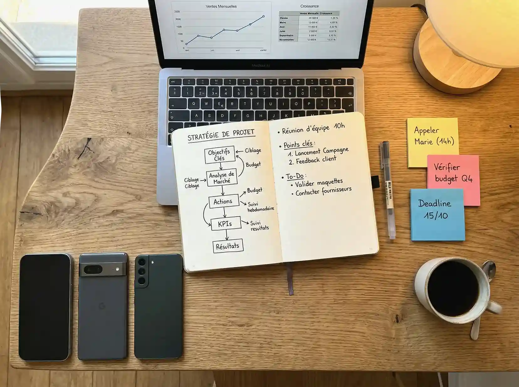 Vue aérienne d'un espace de travail organisé avec carnet ouvert, post-its colorés et plusieurs smartphones pour gestion multi-comptes