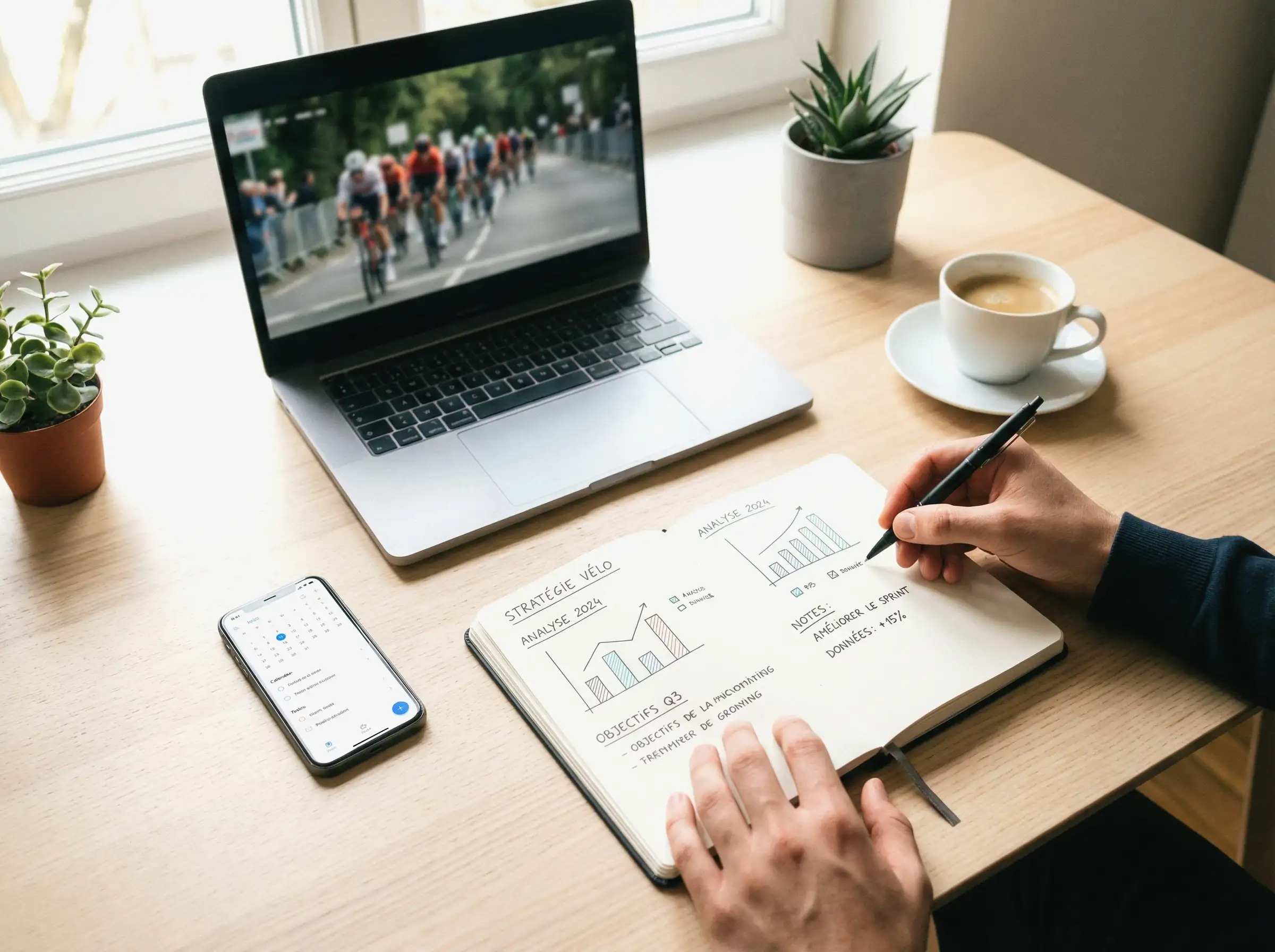 Personne analysant des données et statistiques de cyclisme sur un ordinateur portable avec carnet de notes