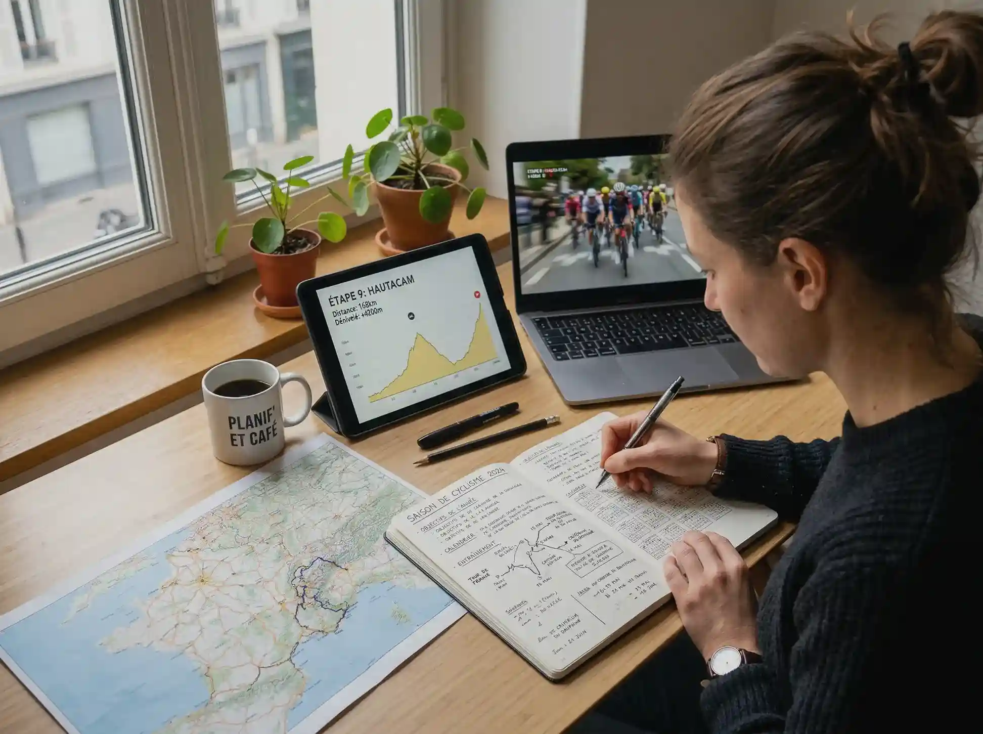Personne planifiant sa stratégie de paris cyclisme avec cartes routières, magazines et notes sur un bureau organisé