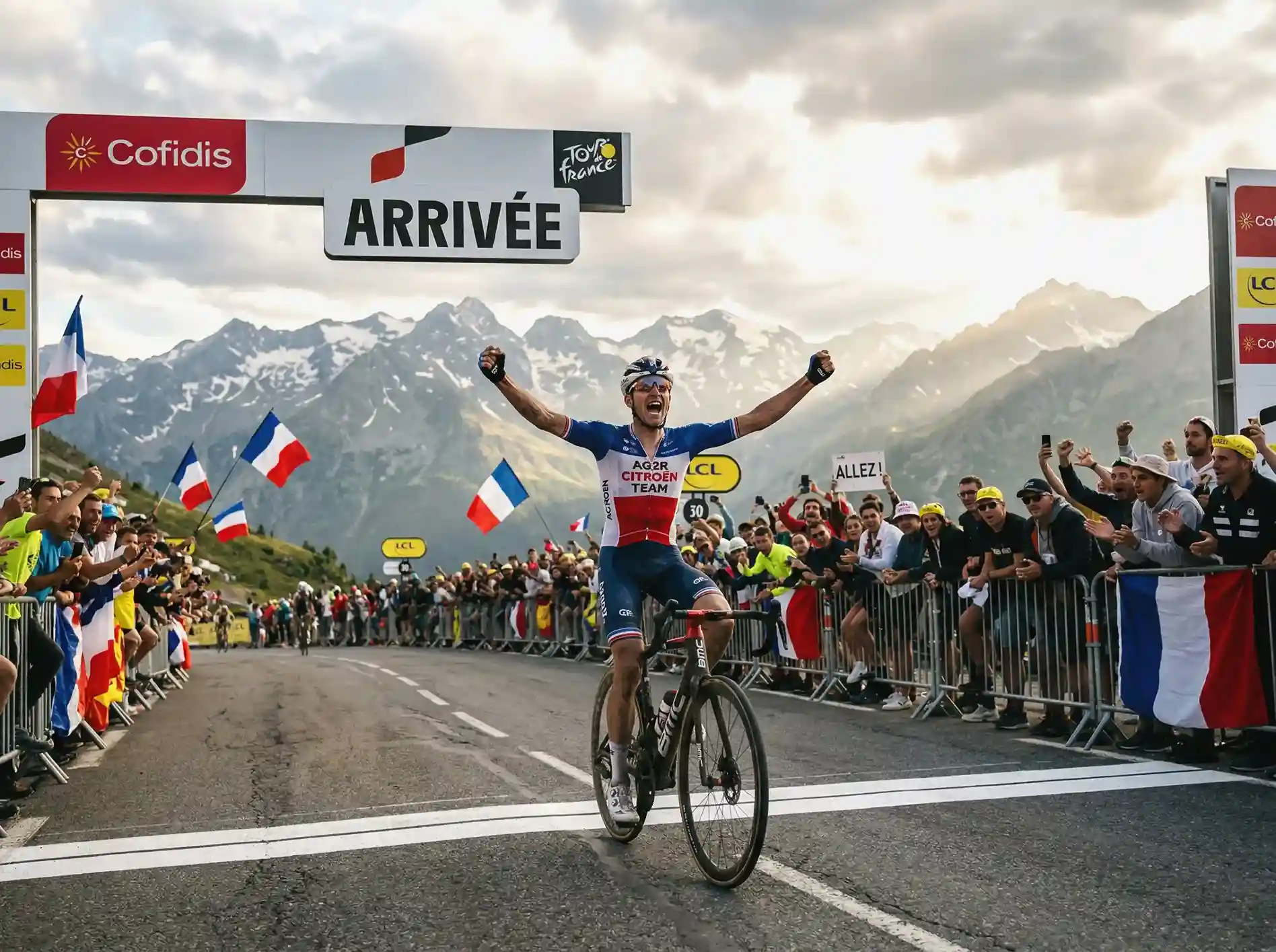 Cycliste franchissant victorieusement la ligne d'arrivée d'une étape de montagne du Tour de France sous les acclamations du public